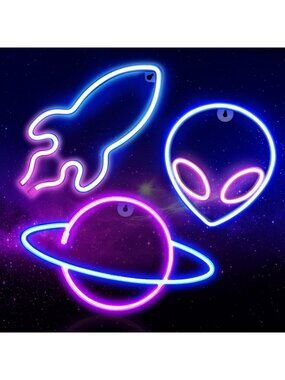 3PCS LED Neon Wall Signs - Space Alien Rocket Decor for Kids, Teens & Gaming